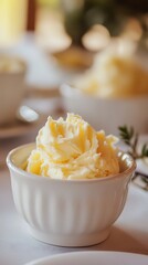 Creamy butter in a white bowl on a white tablecloth