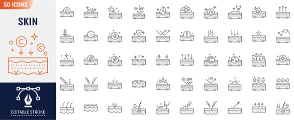 Skin Type line icon set. Editable stroke. hairy skin, normal skin, oily skin, spf, uv, and More. Vector illustration