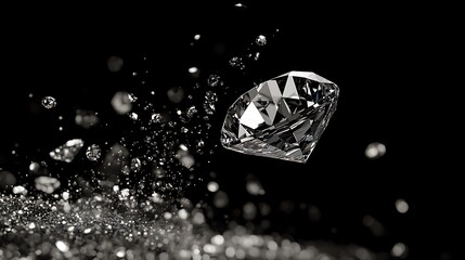 Fototapeta premium Crystal clear Diamond float in mid air with glitter silver diamond dust explode. Black background