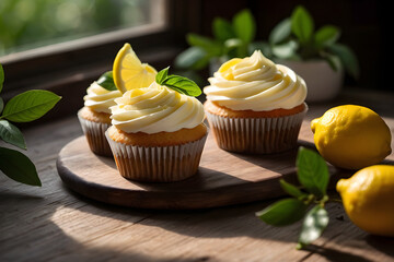 Lemon cupcakes with cream cheese frosting on a rustic table.