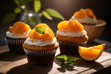 Orange fruit cupcakes on a rustic table. Bright sunlight, beautiful shadows, leaves.