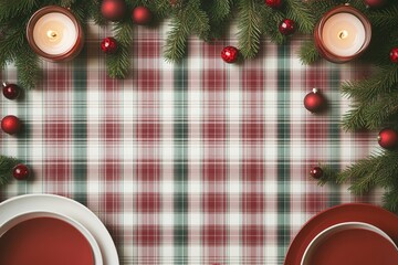 inviting top view of christmas table decorated with plaid tablecloth pine branches and mix of white and red dinnerware