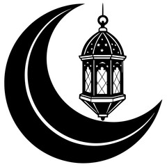 Black and White Crescent Moon with Hanging Lantern Illustration