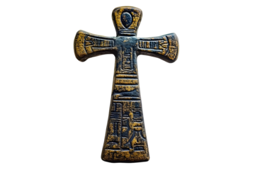 Ancient Egyptian ankh symbol with hieroglyphs, representing life and spirituality on a transparent background.
