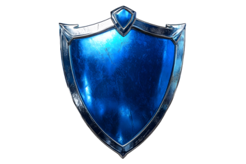 Digital illustration of a glossy blue shield with metallic edges representing security, protection, and defense on a transparent background.