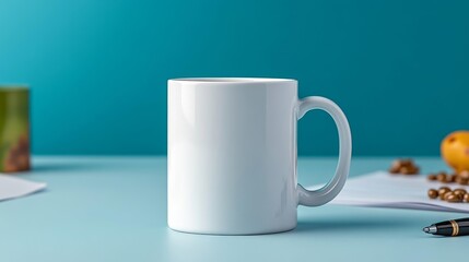 Obraz premium White mug on a light blue background. Generative AI