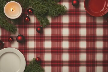 inviting top view of christmas table decorated with plaid tablecloth pine branches and mix of white and red dinnerware