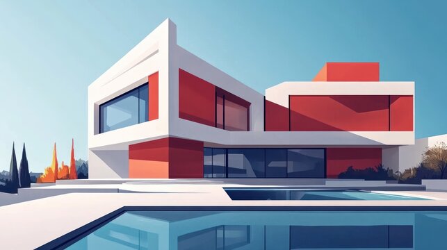 A modern architectural design featuring bold red accents and large glass windows, set by a serene pool.
