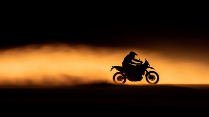 Fototapeta premium Silhouetted motorcyclist riding at night, kicking up dust.
