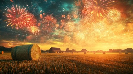 A picturesque landscape featuring a hay bale, a farm, and vibrant fireworks lighting up the evening sky.