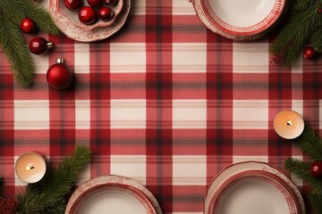 inviting top view of christmas table decorated with plaid tablecloth pine branches and mix of white and red dinnerware