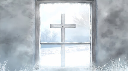 Amidst the frosty window cross and wintry landscape, a white backdrop sets the stage for a sharp financial outlook. Frostfire. Illustration