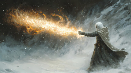 Obraz premium An ice mage casts a very powerful spell - generative ai. Frostfire. Illustration
