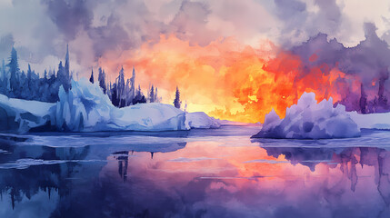 Arctic frostfire: watercolor panorama of glowing flora amidst frozen tundra. Frostfire. Illustration
