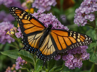 Obraz premium A butterfly, such as a monarch or a swallowtail, and the beautiful, symmetrical patterns on its wings that contribute to its beauty.