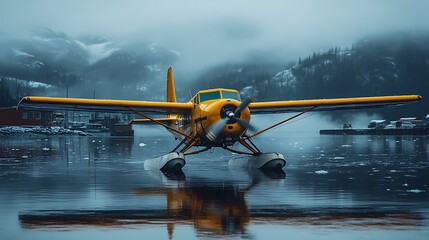Yellow Seaplane on Misty Alaskan Waters