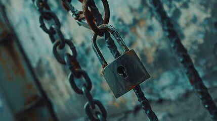 Close-up of a rusty padlock on a metal chain symbolizing security and weapon prohibition, set against a concrete wall background.