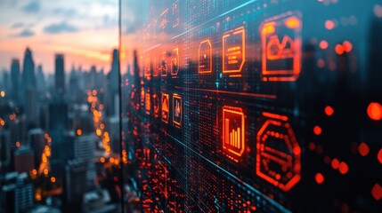 Futuristic digital interface displayed on a skyscraper overlooking a city at sunset.