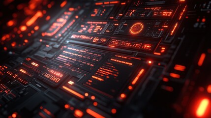 Futuristic digital interface with red glowing lines and data displays.
