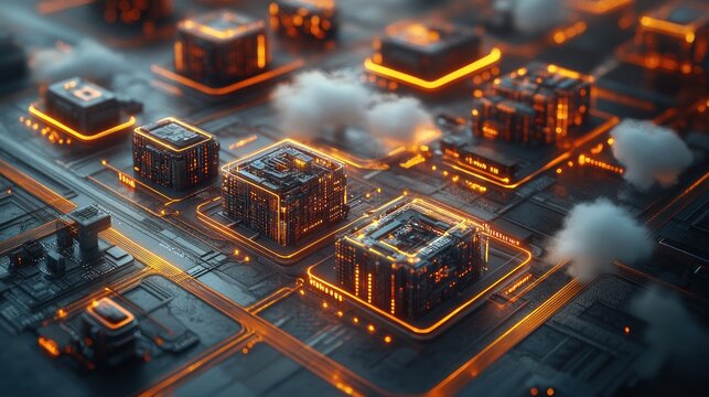 Futuristic digital cityscape with glowing cubes and cloud computing elements.