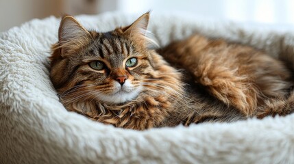 Naklejka premium Fluffy cat relaxing in a cozy bed
