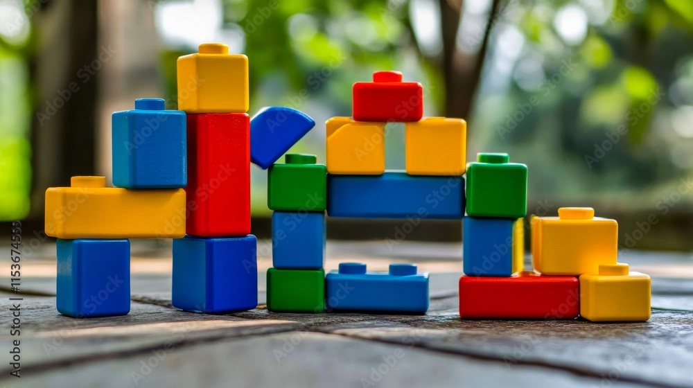 Poster A tranquil block-building setup with colorful bricks arranged creatively, Playful construction style, photo of
