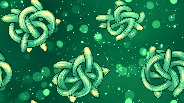 Elegant Celtic knot designs in a repeating pattern, detailed gold accents shimmering against a rich green background, soft glowing effects enhancing depth and contrast. --ar 16:9 --sref https://s.mj.