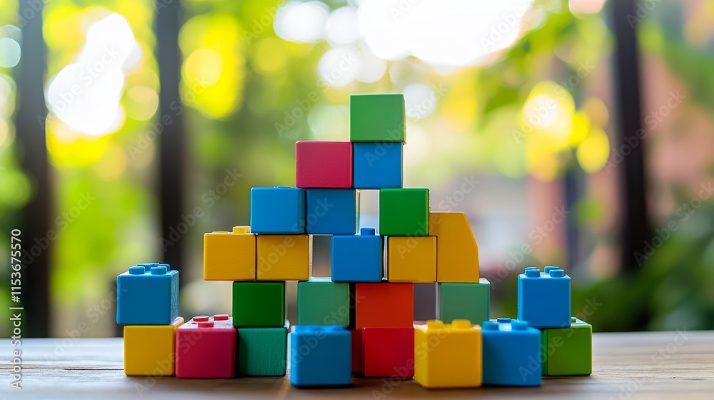 Aufkleber a tranquil block-building setup with colorful bricks arranged creatively, playful construction style