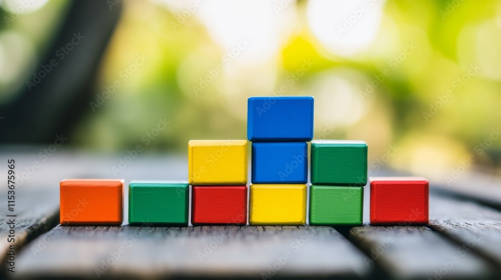Poster A tranquil block-building setup with colorful bricks arranged creatively, Playful construction style, photo of