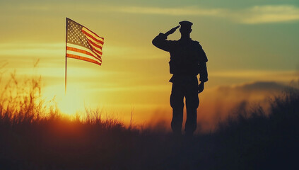 American soldier standing with USA flag waving sunset patriot independence day concept.