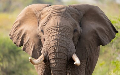 Obraz premium A close-up photo of an African bush elephant’s face, with large tusks, a long trunk, and deep-set eyes, set against a dense forest background