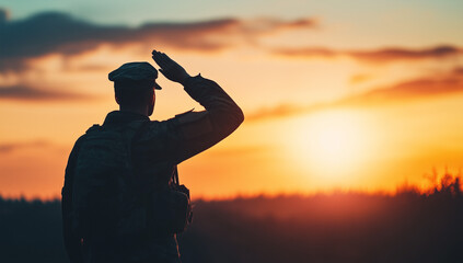 American soldier standing with USA flag waving sunset patriot independence day concept.