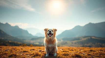 Professional stock photo Joyful dog in a majestic, modern landscape. Soft pastel colors, warm golden hour lighting, lens flare. Massive scale, heroic 