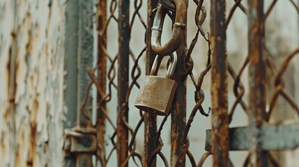 Close-up of a rusty padlock on a metal chain symbolizing security and weapon prohibition, set against a concrete wall background.