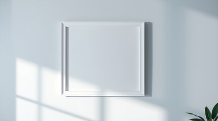 Professional-quality stock photo A blank, white picture frame hangs on an interior wall. The scene is lit with soft, cool light, casting gentle shadow