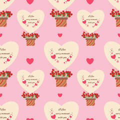 Seamless pattern with balloons and roses with hearts for Valentine's Day, isolated on a light background. Vector.