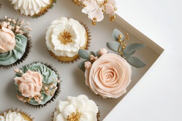 beautifully decorated pastel flowers themed cupcakes, featuring intricate buttercream flowers, and golden swirls, all arranged in a neat white box bridal, baby shower