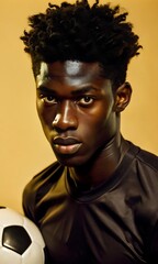 Black male model posing with football in studio shot, confident athlete ready for match, sports fashion.
