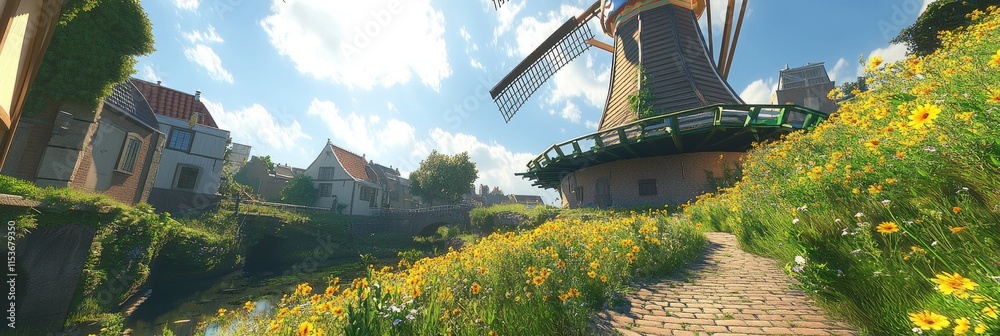 Wall mural A serene landscape featuring a windmill surrounded by flowers and a tranquil waterway.