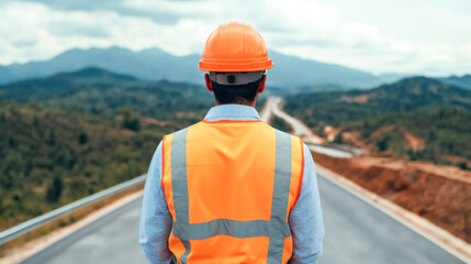 construction worker in orange vest and helmet surveys road
