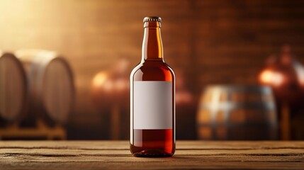 Beer bottle with blank label in a brewery setting. Generative AI