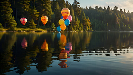 A sky full of bright, shiny balloons with a soft golden glow, as they float above a calm lake surrounded by lush forests