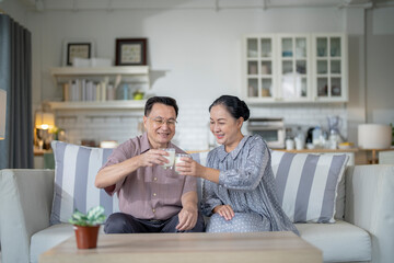 An elderly couple enjoys a peaceful moment at home, sharing smiles and drinks. The warm and cozy atmosphere emphasizes their deep connection, happiness, and the comfort of spending time together.