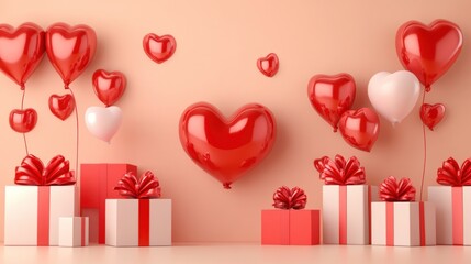 Red and pink heart balloons and gifts.