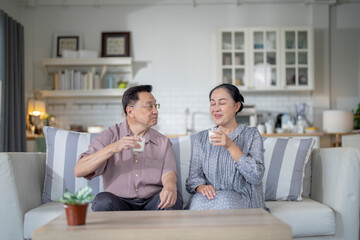An elderly couple enjoys a peaceful moment at home, sharing smiles and drinks. The warm and cozy atmosphere emphasizes their deep connection, happiness, and the comfort of spending time together.