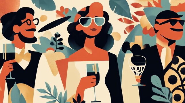 A vibrant illustration featuring three stylish individuals at a festive gathering, each holding drinks against a backdrop of tropical foliage.