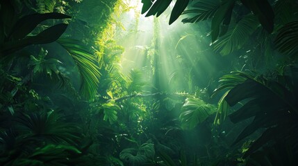 A vibrant jungle scene illuminated by sunlight filtering through dense foliage, showcasing the beauty of nature.