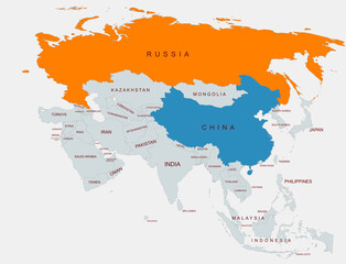 A detailed illustration of Asia showing country borders with Russia highlighted and china,emphasizing regional geographical differentiation © habib billah