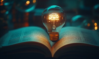 A glowing light bulb rests on an open book, symbolizing ideas and knowledge.