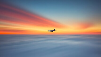 Fototapeta premium Airplane Soaring at Sunset Vibrant Colors, Travel, and Transportation, Cinematic Background
